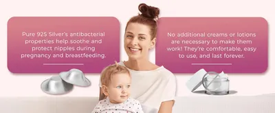 Highlights two distinct benefits of the silver cups, antibacterial protection and no need for extra creams, alongside a lifestyle photo and product shots to build trust.
