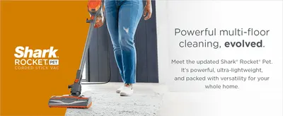 Introduces the updated Shark Rocket Pet and its core promise of powerful, lightweight, versatile cleaning across floor types.
