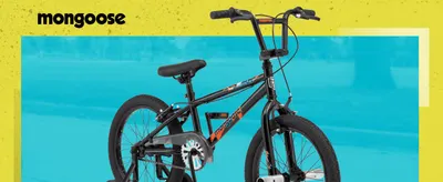 Introduces the Mongoose brand alongside a bold hero shot of the bike to establish brand identity.