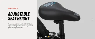 Highlights the tool-free adjustable seat that lets the bike grow with the child for long-lasting use.