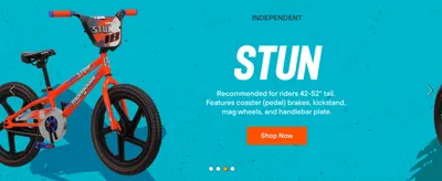 Introduces the STUN model and its key specs (rider height, coaster brakes, kickstand, mag wheels) with a Shop Now CTA.