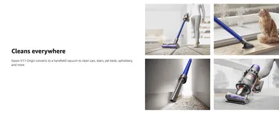 Shows the vacuum cleaning floors, pet beds, cars, stairs and upholstery, so shoppers see it works everywhere in the home.