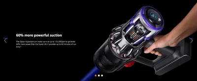 Backs up the motor's power with numbers (60% more suction, up to 60 minutes of run time) to reassure shoppers about performance. Focuses on one benefit, the more powerful motor, shown as a cutaway…