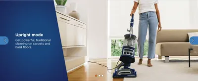 Shows the vacuum in upright mode on carpets and hard floors, so shoppers see the traditional cleaning they get.