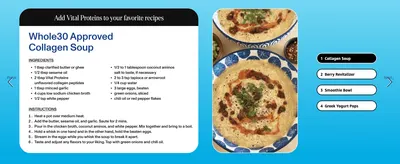 Shows four recipes for using the powder so shoppers see it works in many foods. Gives ingredients and numbered instructions so shoppers can start using the product right away.