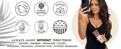 Displays six certification badges and a toxin-free ingredient list to reassure shoppers the product is safe, ethical, and clean.