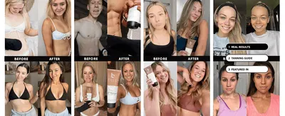 Proves tanning results with a grid of real customer before/after photos to build trust and reduce purchase hesitation.