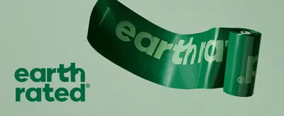 Establishes brand identity by pairing the Earth Rated logo with a striking close-up of the product's signature green packaging.
