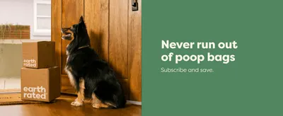Encourages shoppers to subscribe by framing it as a way to never run out of poop bags, shown through a relatable lifestyle scene.
