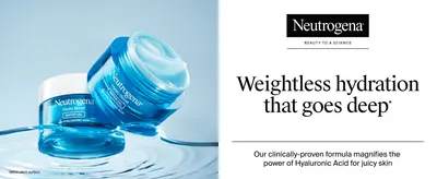 Tells shoppers the gel hydrates deeply without heaviness, backed by a clinically-proven formula claim. Reinforces Neutrogena's science-led brand identity to build trust in the formula.