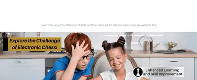 Shows the chess set engaging kids in a real setting while a badge highlights the learning benefit it delivers.