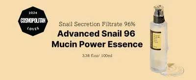 Introduces the hero essence and its 96% snail mucin content with a bold product name, so shoppers know what they are buying. Uses the Cosmopolitan 2024 Loves badge as third-party endorsement to…