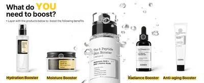 Shows the brand's product range as a set of boosters so shoppers can pick and layer products for their skin goal.