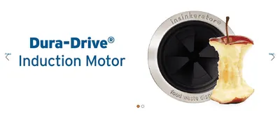 Highlights the Dura-Drive induction motor's grinding power, using a whole apple core to show it can handle tough food scraps.