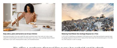 Presents two separate benefits, kitchen hygiene and environmental impact, side by side to build the case for choosing a disposal.