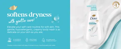 Tells sensitive-skin shoppers the body wash softens dryness gently, backed by icons for no sulfates, plant-based moisturizers and pH balance.