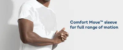 Highlights the Comfort Move sleeve design that allows full range of motion when wearing the shirt.