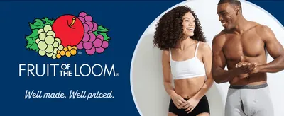 Introduces the Fruit of the Loom brand with its logo and 'Well made. Well priced.' promise to build trust and signal value.