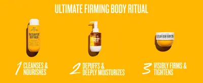 Guides shoppers on how to layer three products in sequence for a complete firming routine. Shows the distinct benefit of each product in the routine to encourage a multi-product purchase.