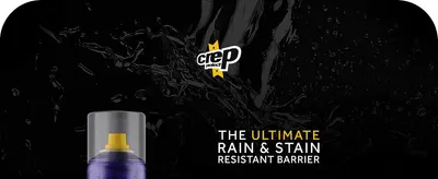 Establishes the product's core promise of a rain and stain resistant barrier through a bold headline and dramatic splash visual.