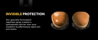 Reassures shoppers the spray repels rain and stains without altering the sneaker's appearance.