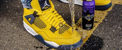 Shows the product being applied to a sneaker in a real-world setting to build visual appeal, likely as a video module thumbnail.