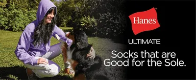 Builds emotional brand connection with a lifestyle scene and a playful tagline positioning Hanes socks as comfortable and dependable.
