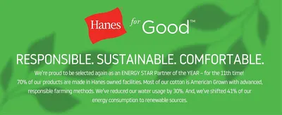Reassures shoppers the brand manufactures responsibly, citing US-grown cotton, reduced water use and renewable energy. Reassures shoppers the brand manufactures responsibly, citing US-grown cotton,…