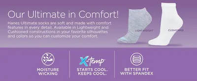 Shows shoppers the sock styles available and highlights three comfort-driven features to support a purchase decision.