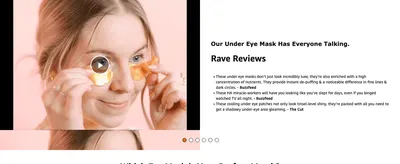 Builds trust by showing praise for the eye masks quoted from well-known publications like Buzzfeed and The Cut.