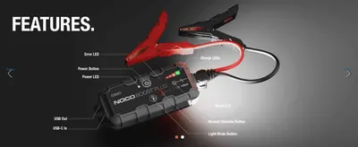 Labels each button, LED and port on the unit so shoppers know how the jump starter is laid out before buying. Shows several controls and indicators at once, which reassures shoppers that the unit is…