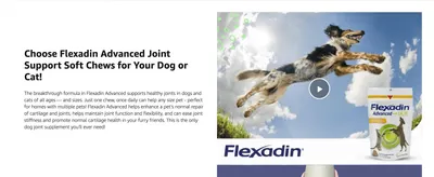 Explains that one chew a day supports joints in any size pet, with a video to show the product in action.