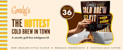 Introduces the Grady's brand with a bold tagline and hero shot to build immediate appeal for the cold brew kit. Highlights the kit's yield of 36 cups to signal strong value for the price.