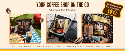Shows the product fitting into several real-life scenarios to position it as a versatile, portable coffee solution. Highlights the low per-cup cost to reassure shoppers of the product's…