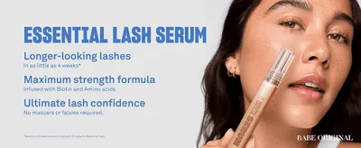 Lists three lash benefits beside a model holding the serum to show results and ease of use.