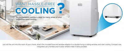 Zooms in on the caster wheels to show the unit rolls easily into place. Shows how easily the unit can be rolled into any room and connected for hassle-free cooling.