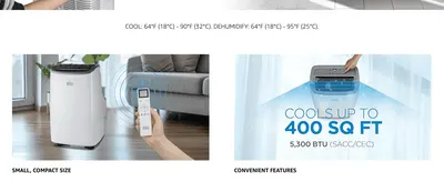 Highlights two separate selling points side by side — the unit's small footprint and its 400 sq ft cooling coverage — to build confidence in fit and performance. Puts a concrete coverage number…