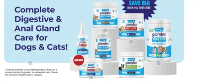 Showcases the full range of Glandex products for complete digestive and anal gland care, encouraging shoppers to explore the wider line and subscribe.