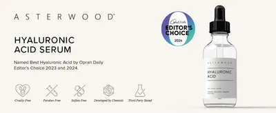 Introduces the Asterwood brand and hero serum with an Oprah Daily award and clean-formula icons to build trust at first glance. Uses the Oprah Daily Editor's Choice badge as third-party endorsement…