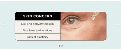 Lists the skin concerns the serum targets next to a close-up application photo so shoppers see it fits their needs.