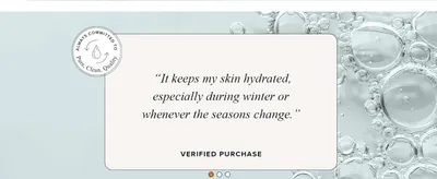 Shows a verified customer quote about lasting hydration to build social proof and trust.