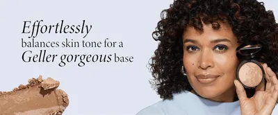 Tells shoppers the powder evens out skin tone for a natural base, shown on a real model holding the compact.