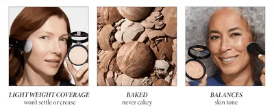 Presents three benefits in three captioned photo panels: lightweight coverage, a baked non-cakey texture, and skin-tone balancing.