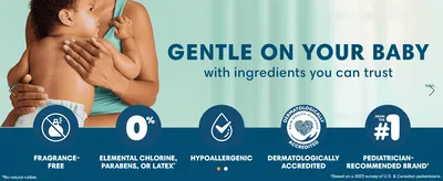 Builds trust by showing the diaper is fragrance-free, hypoallergenic, and dermatologically accredited. Presents multiple ingredient and safety credentials in a segmented icon layout to reassure…