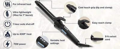 Highlights multiple performance and convenience benefits of the curling iron in one glance using icon-led callouts. Points to specific physical parts of the curling iron (grip, clamp, cord,…