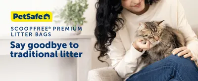 Positions the premium litter bags as an easier alternative to traditional litter, backed by a cozy cat-owner scene.