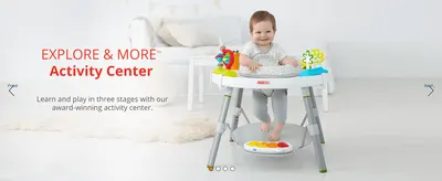 Highlights the activity center's core benefit of growing with baby through three stages of play.