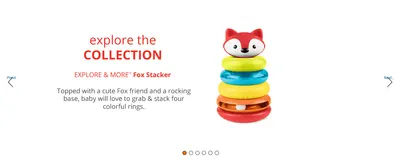 Introduces the Fox Stacker toy within the collection, highlighting its stacking rings and rocking base for baby's play.