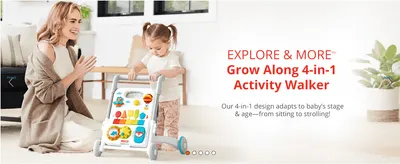Shows a mother and child using the activity walker to reassure shoppers the toy grows with the baby from sitting to strolling stages.
