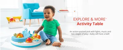 Shows a happy toddler engaged with the activity table to convey it offers action-packed sensory play that keeps babies entertained.